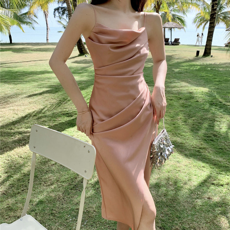 Summer French Satin Sexy Sling Slit Long Dress