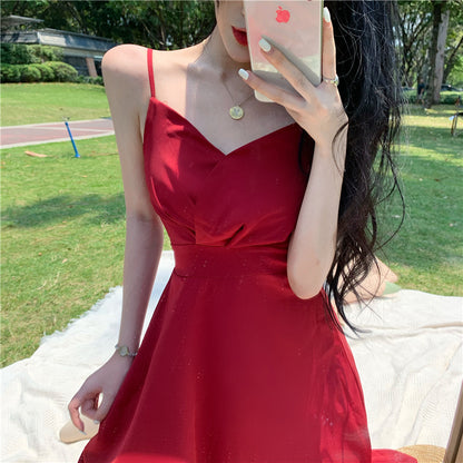 French Retro Satin V-Neck Red Sling Holiday Dress