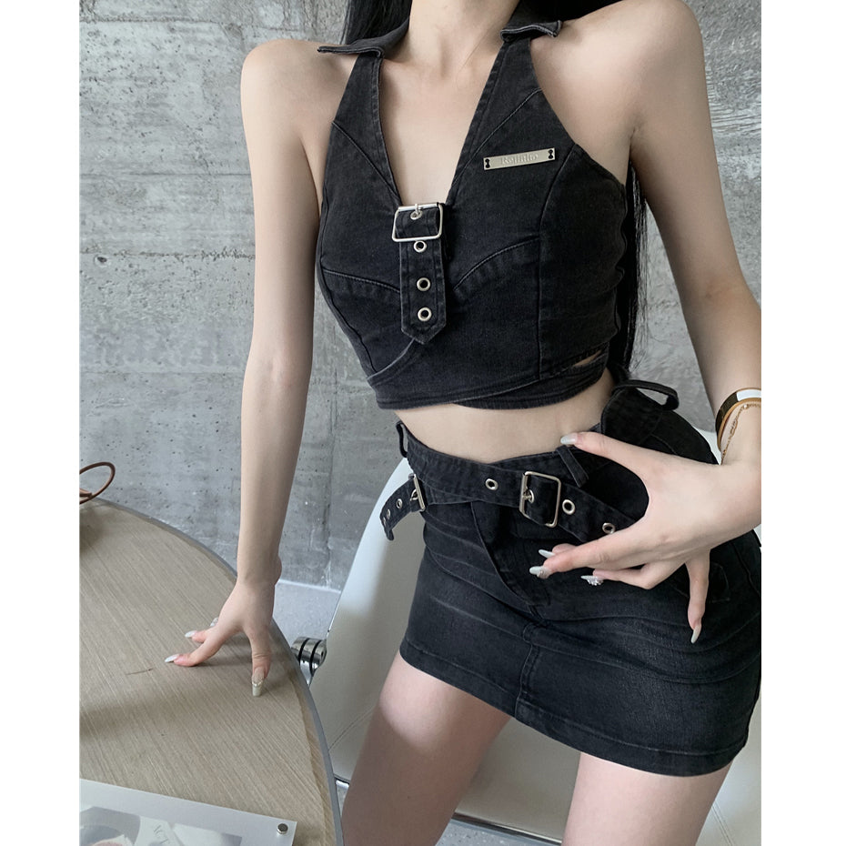 Halter Neck Denim Top High Waist Skirt Fashion Two-Piece Set