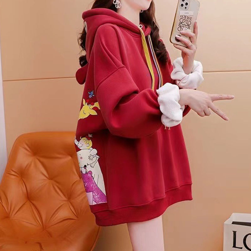 Loose Oversize Fleece Thickened Red Hooded Sweatshirt