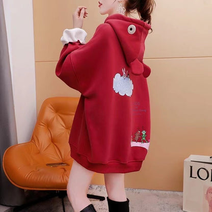 Loose Oversize Fleece Thickened Red Hooded Sweatshirt