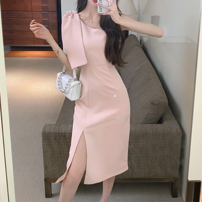 Bow Knot Slanted Shoulder Slim Slit Sleeveless Cocktail Dress