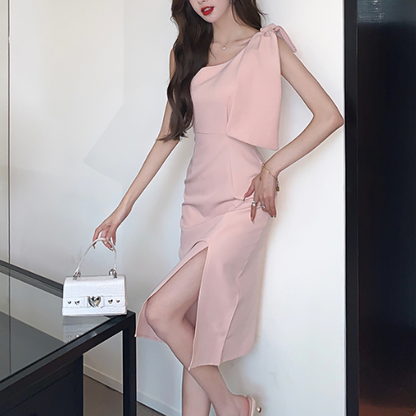 Bow Knot Slanted Shoulder Slim Slit Sleeveless Cocktail Dress